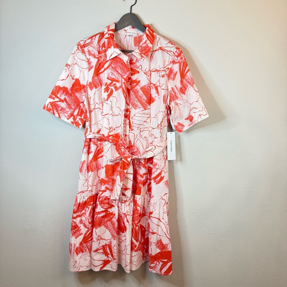 Calvin Klein Floral Print Ruffled Hem Belted White Orange Tulip Dress Sz 12 NWT - Picture 2 of 8